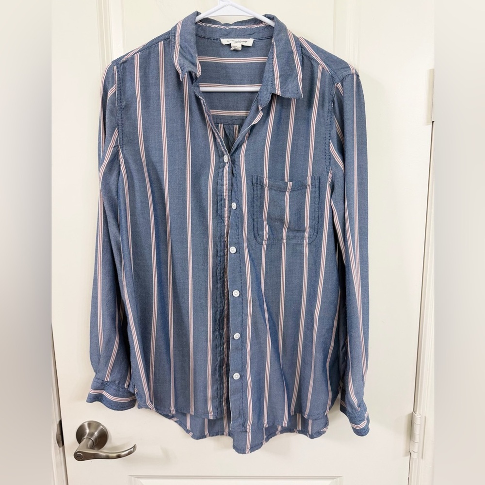 beachlunchlounge Men's Blue and Pink Striped Shirt